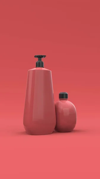 Kırmızı arka planda şık kozmetik şişeleri var. Modern kapak tasarımı. 3d illüstrasyon.