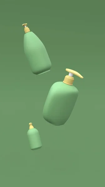 Елегантні Косметичні Пляшки Летять Повітрі Зеленому Тлі Сучасний Дизайн Обкладинки — стокове фото
