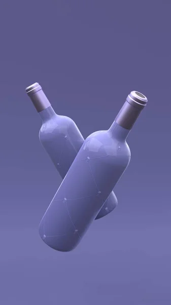优雅的悬浮酒瓶 带有紫色背景的标签 现代封面设计 3D说明 — 图库照片