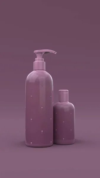 Елегантні Косметичні Пляшки Етикеткою Фіолетовому Фоні Сучасний Дизайн Обкладинки Ілюстрація — стокове фото