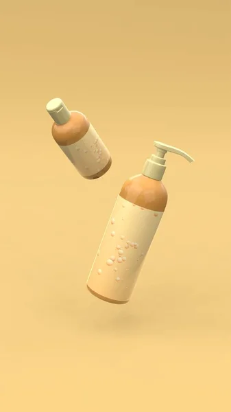 Elegantní Kosmetické Láhve Létající Vzduchu Žlutém Pozadí Moderní Design Obalu — Stock fotografie