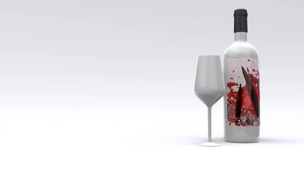 Elegant wine bottle with label and the glass on white background. Modern cover design. 3d illustration.