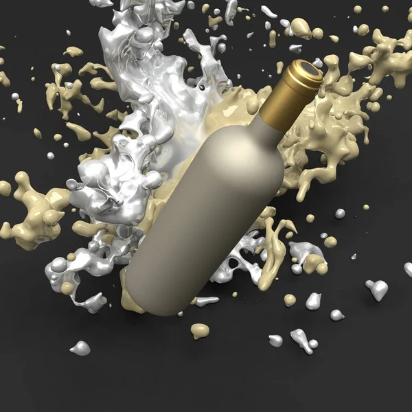 Elegant Levitate Wine Bottle Paint Splash Black Background Modern Cover — Stock Photo, Image