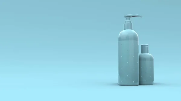 Elegantní Kosmetické Láhve Etiketou Detailní Modrém Pozadí Moderní Design Obalu — Stock fotografie