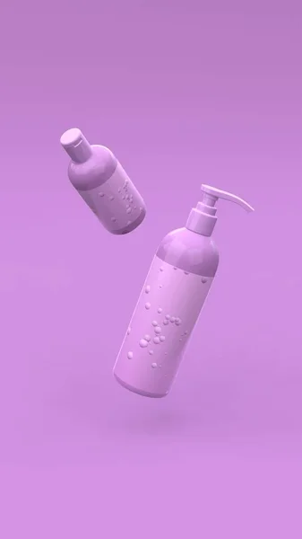 Елегантні Косметичні Пляшки Летять Повітрі Фіолетовому Фоні Сучасний Дизайн Обкладинки — стокове фото