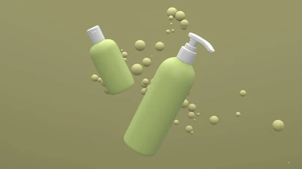 Elegantes Botellas Cosméticas Volando Aire Sobre Fondo Verde Con Esferas — Foto de Stock