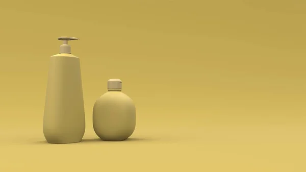 Garrafas Cosméticas Elegantes Fecham Fundo Amarelo Design Capa Moderna Ilustração — Fotografia de Stock