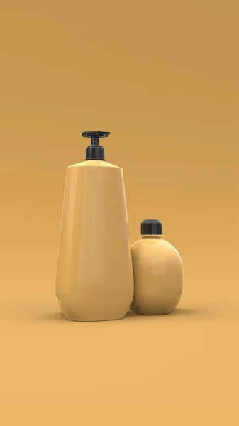 精致的化妆品瓶盖在黄色的背景上 现代封面设计 3D说明 — 图库照片