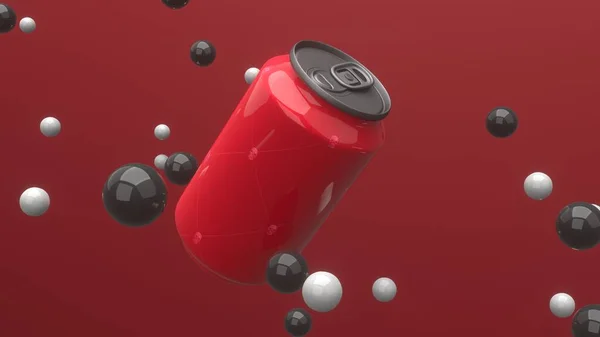 Alüminyum parlak teneke kutu havada yüzen kürelerle kırmızı arka planda uçuyor. Modern kapak tasarımı. 3d illüstrasyon.