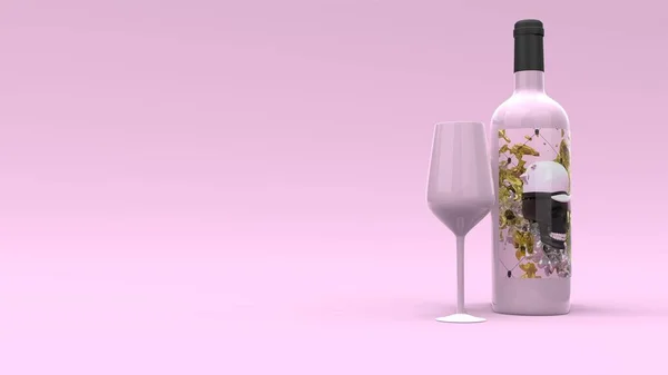 Elegant wine bottle with label and the glass on pink background. Modern cover design. 3d illustration.