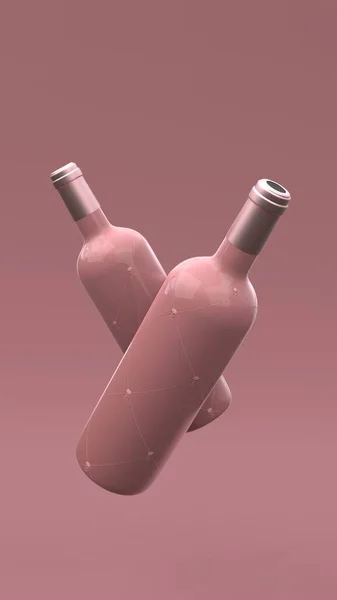 Elegante Levitar Garrafas Vinho Com Rótulo Sobre Fundo Rosa Claro — Fotografia de Stock