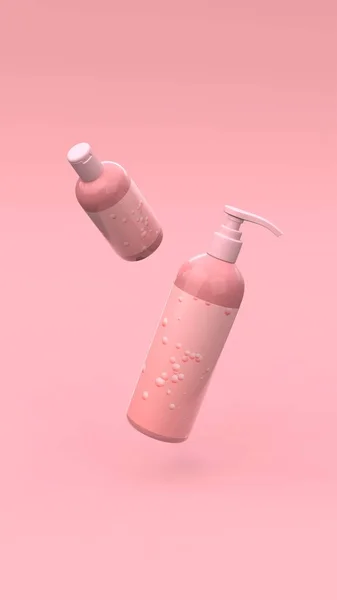 Eleganckie Butelki Kosmetyczne Latające Powietrzu Różowym Tle Nowoczesny Projekt Przykrywki — Zdjęcie stockowe