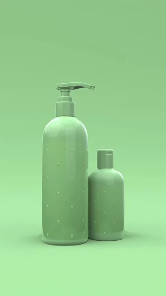 Elegantní Kosmetické Láhve Etiketou Detailně Zeleném Pozadí Moderní Design Obalu — Stock fotografie