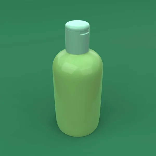 精美的化妆品瓶在绿色背景的特写下 现代封面设计 3D说明 — 图库照片