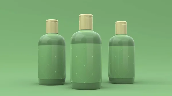 Elegantes Botellas Cosméticas Con Etiqueta Primer Plano Sobre Fondo Verde — Foto de Stock