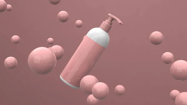 Elegante Cosmetische Fles Met Etiket Vliegen Lucht Roze Achtergrond Met — Stockfoto