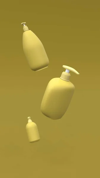 Garrafas Cosméticas Elegantes Voando Sobre Fundo Amarelo Design Capa Moderna — Fotografia de Stock