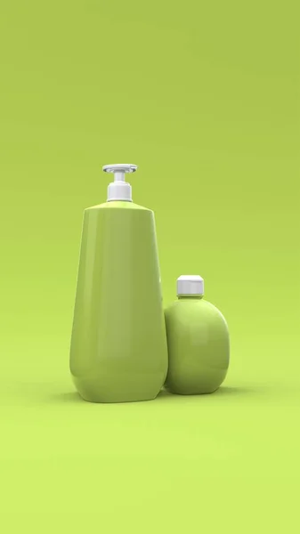 Eleganti Bottiglie Cosmetiche Primo Piano Sfondo Verde Moderno Design Copertina — Foto Stock