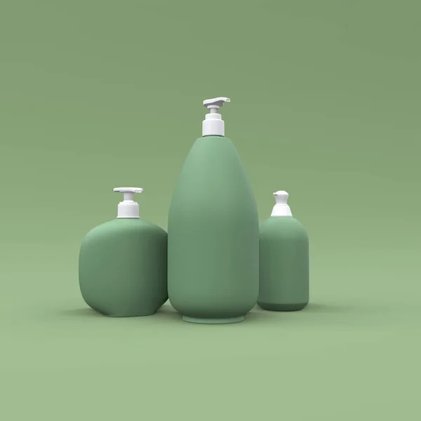 Élégantes Bouteilles Cosmétiques Sur Fond Vert Design Couverture Moderne Illustration — Photo