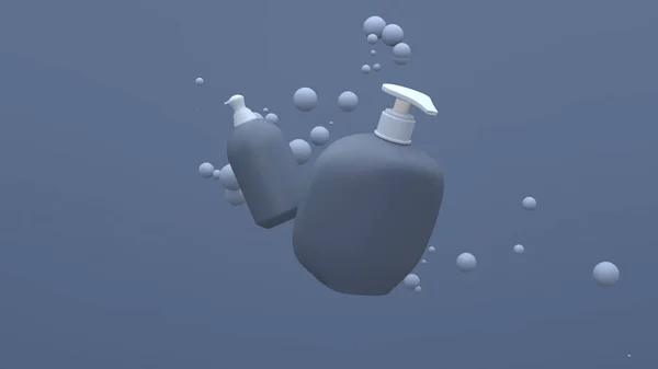 Elegantes Botellas Cosméticas Volando Aire Sobre Fondo Azul Con Esferas —  Fotos de Stock