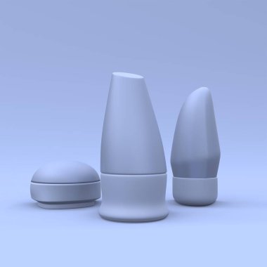 Terleme önleyici deodorantların üzerindeki boş rulo şablonları. Mavi arka planda vücut hijyeni için gerçekçi plastik paketler. Modern kapak tasarımı. 3d illüstrasyon.