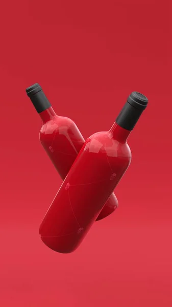 优雅地悬浮着带有红色背景标签的酒瓶 现代封面设计 3D说明 — 图库照片
