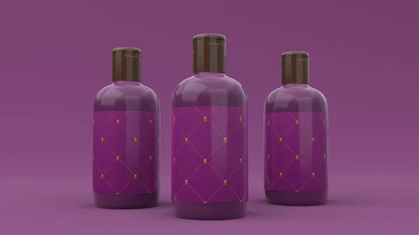 Elegantes Botellas Cosméticas Con Etiqueta Primer Plano Sobre Fondo Púrpura — Foto de Stock