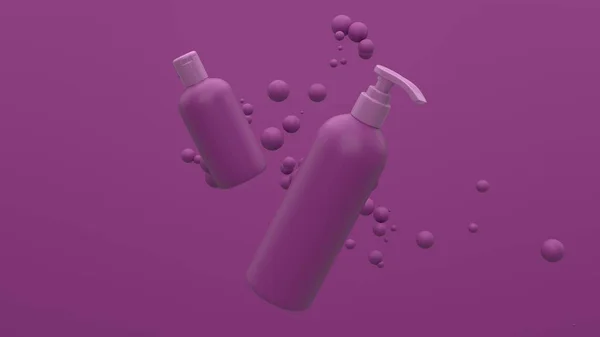 Elegantní Kosmetické Láhve Létající Vzduchu Purpurovém Pozadí Plovoucími Koulemi Moderní — Stock fotografie
