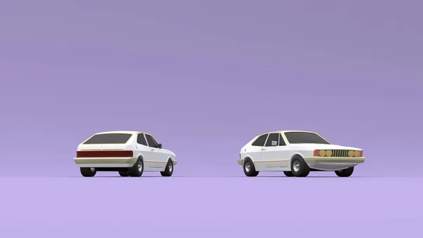 Cool looking old fashion cars, studio render on purple background. Bright modern car design. 3d illustration.