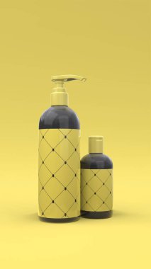 Sarı arka planda etiketli şık kozmetik şişeler. Modern kapak tasarımı. 3d illüstrasyon.