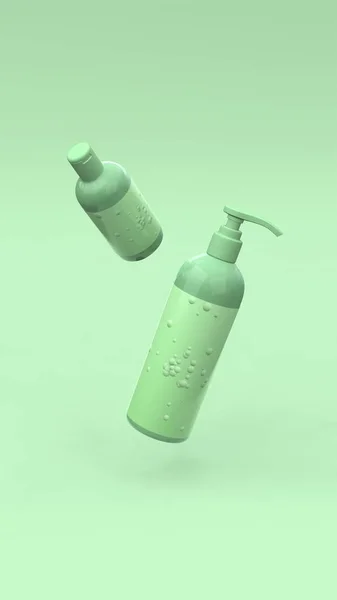 Eleganti Bottiglie Cosmetiche Che Volano Aria Sfondo Verde Moderno Design — Foto Stock