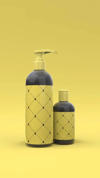 Eleganta Kosmetiska Flaskor Med Etikett Närbild Gul Bakgrund Modern Omslagsdesign — Stockfoto