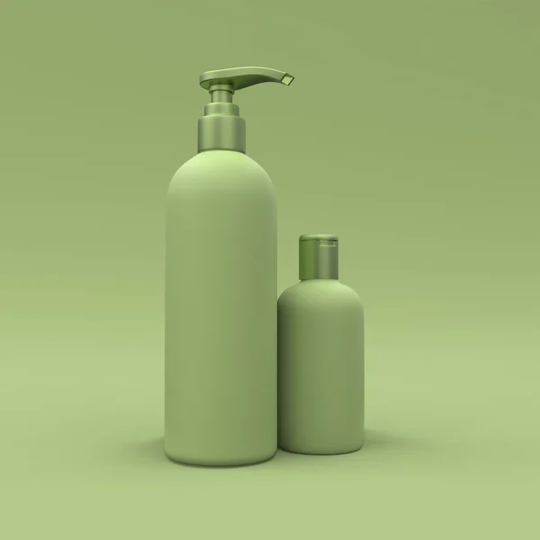 Elegantní Kosmetické Láhve Detailní Zeleném Pozadí Moderní Design Obalu Ilustrace — Stock fotografie