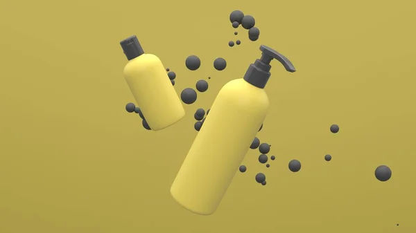 Elegantní Kosmetické Láhve Létající Vzduchu Žlutém Pozadí Plovoucími Koulemi Moderní — Stock fotografie