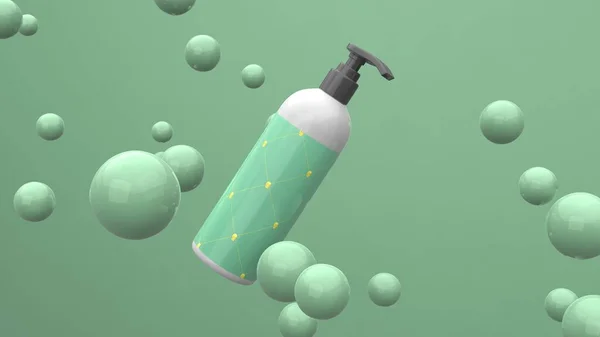 Garrafa Cosmética Elegante Com Etiqueta Voando Fundo Verde Com Esferas — Fotografia de Stock