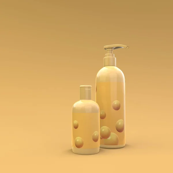 Елегантні Косметичні Пляшки Етикеткою Крупним Планом Жовтому Тлі Сучасний Дизайн — стокове фото