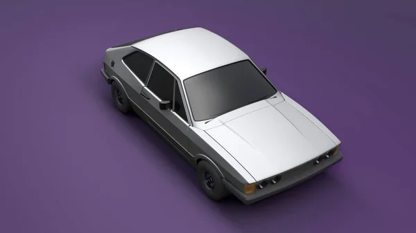 Cool looking old fashion car, angle view studio render on violet background. Bright modern car design. 3d illustration.