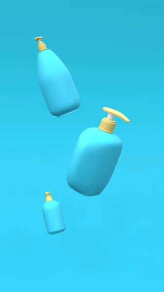 Elegantes Botellas Cosméticos Volando Aire Sobre Fondo Azul Diseño Portada —  Fotos de Stock