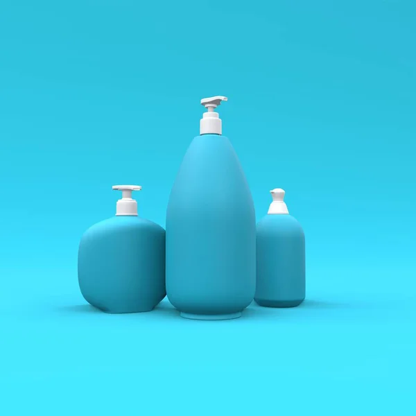 Eleganta Kosmetiska Flaskor Blå Bakgrund Modern Omslagsdesign Illustration — Stockfoto
