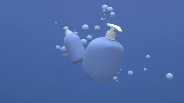 Elegante Cosmetische Flessen Vliegen Lucht Donkerblauwe Achtergrond Met Zwevende Bollen — Stockfoto
