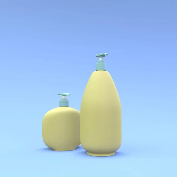 Eleganta Kosmetiska Flaskor Närbild Blå Bakgrund Modern Omslagsdesign Illustration — Stockfoto