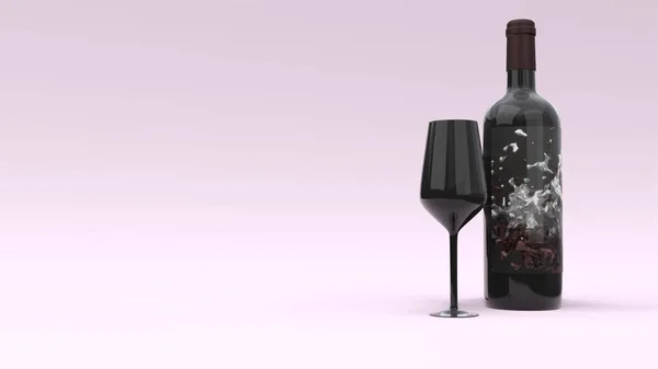 Elegant wine bottle with label and the glass on pink background. Modern cover design. 3d illustration.