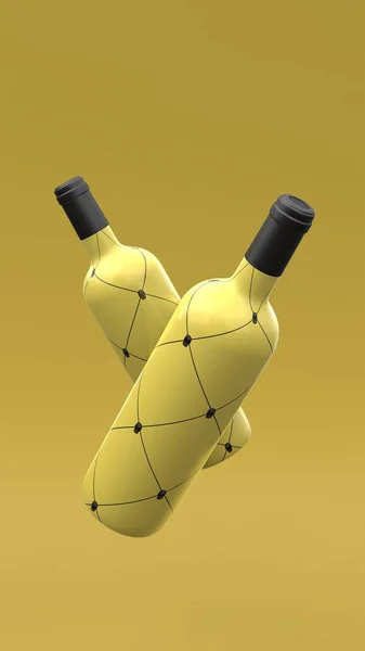 优雅地悬浮着带有黄色背景标签的酒瓶 现代封面设计 3D说明 — 图库照片