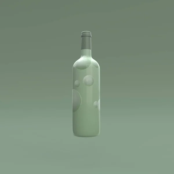 Elegant levitate wine bottle with label on green background. Modern cover design. 3d illustration.