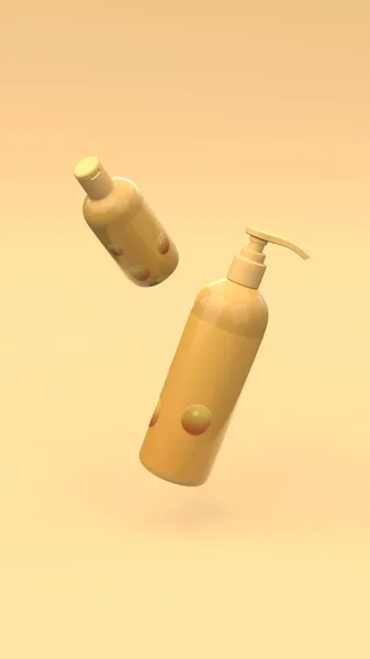 Elegantes Botellas Cosméticos Volando Aire Sobre Fondo Amarillo Diseño Portada — Foto de Stock