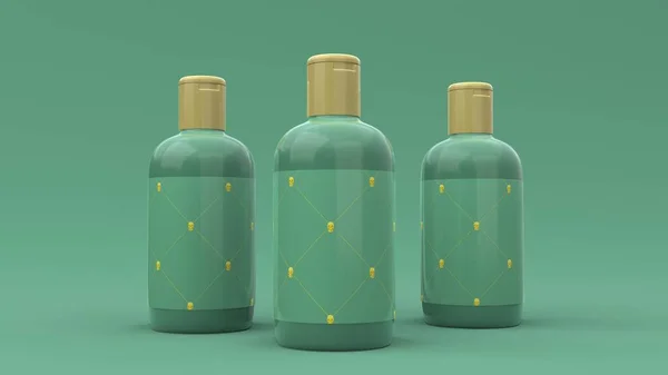 Elegantes Botellas Cosméticas Con Etiqueta Primer Plano Sobre Fondo Verde — Foto de Stock