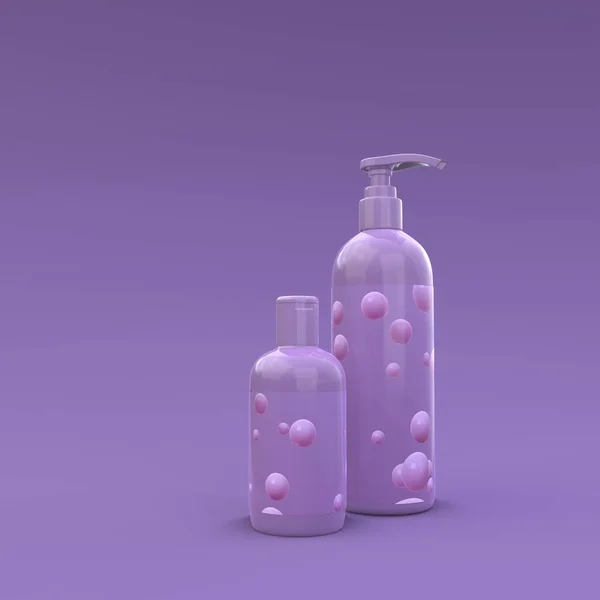 Elegantes Botellas Cosméticas Con Etiqueta Primer Plano Sobre Fondo Violeta — Foto de Stock