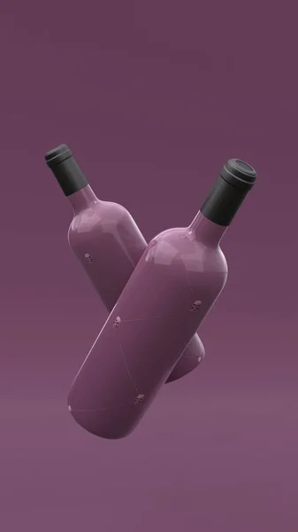 优雅地悬浮着带有紫色背景标签的酒瓶 现代封面设计 3D说明 — 图库照片