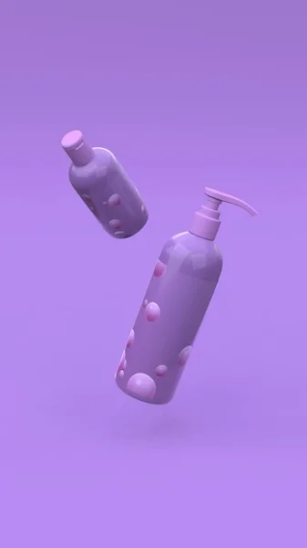 Élégantes Bouteilles Cosmétiques Volant Dans Les Airs Sur Fond Violet — Photo