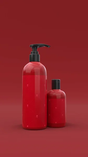 Elegantes Botellas Cosméticas Con Etiqueta Primer Plano Sobre Fondo Rojo —  Fotos de Stock